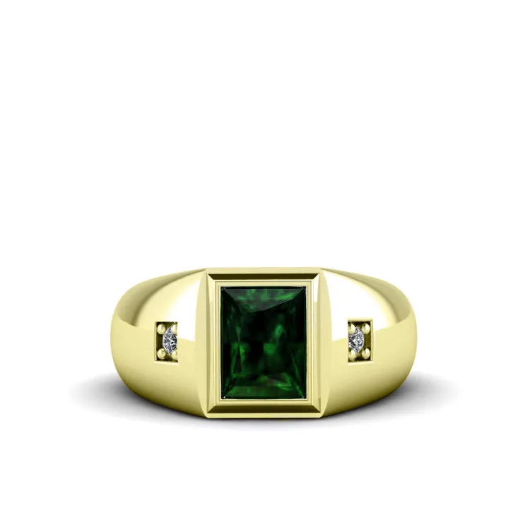 Men's Fashion Ring Solid 14K Yellow Gold 2 Natural Diamonds and Green Emerald Personalized Gift for Him