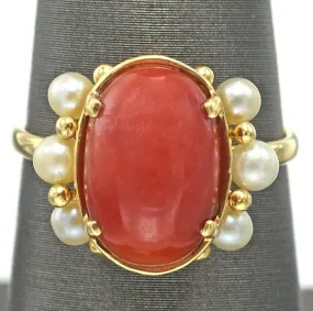 Ming's Vintage 14K Yellow Gold Red Coral & Sea Pearl Band Ring