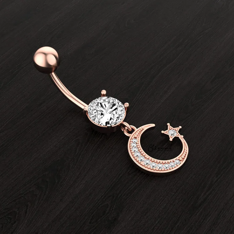 Moon and Star Dangle Belly Button Navel Ring - Rose Gold