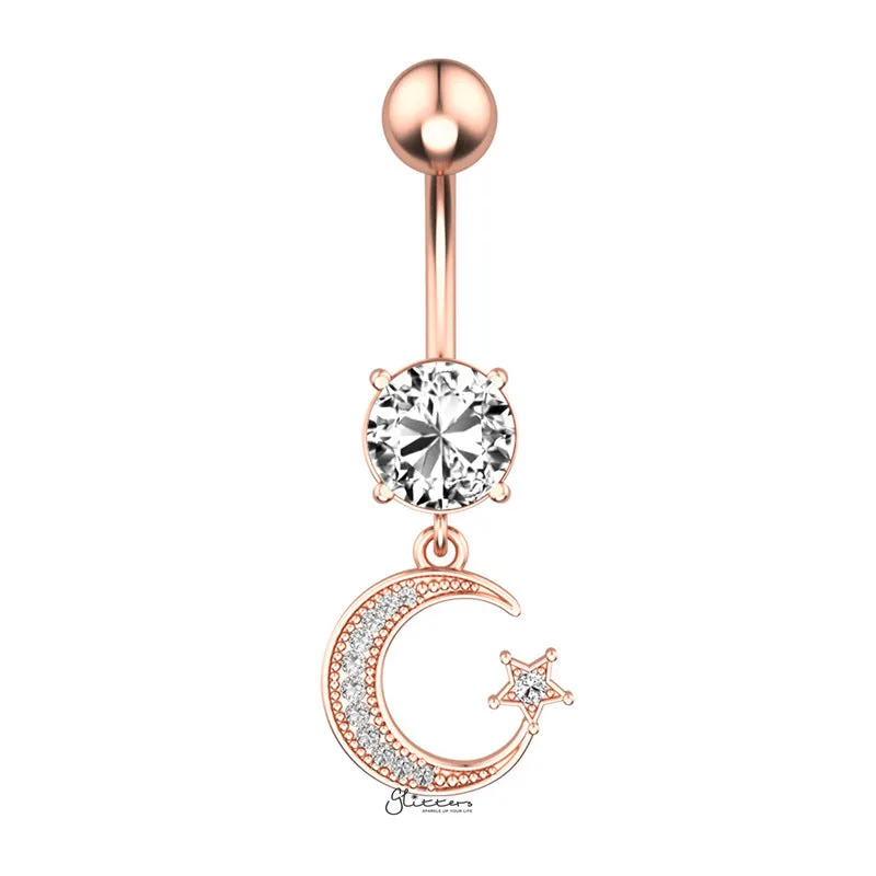 Moon and Star Dangle Belly Button Navel Ring - Rose Gold