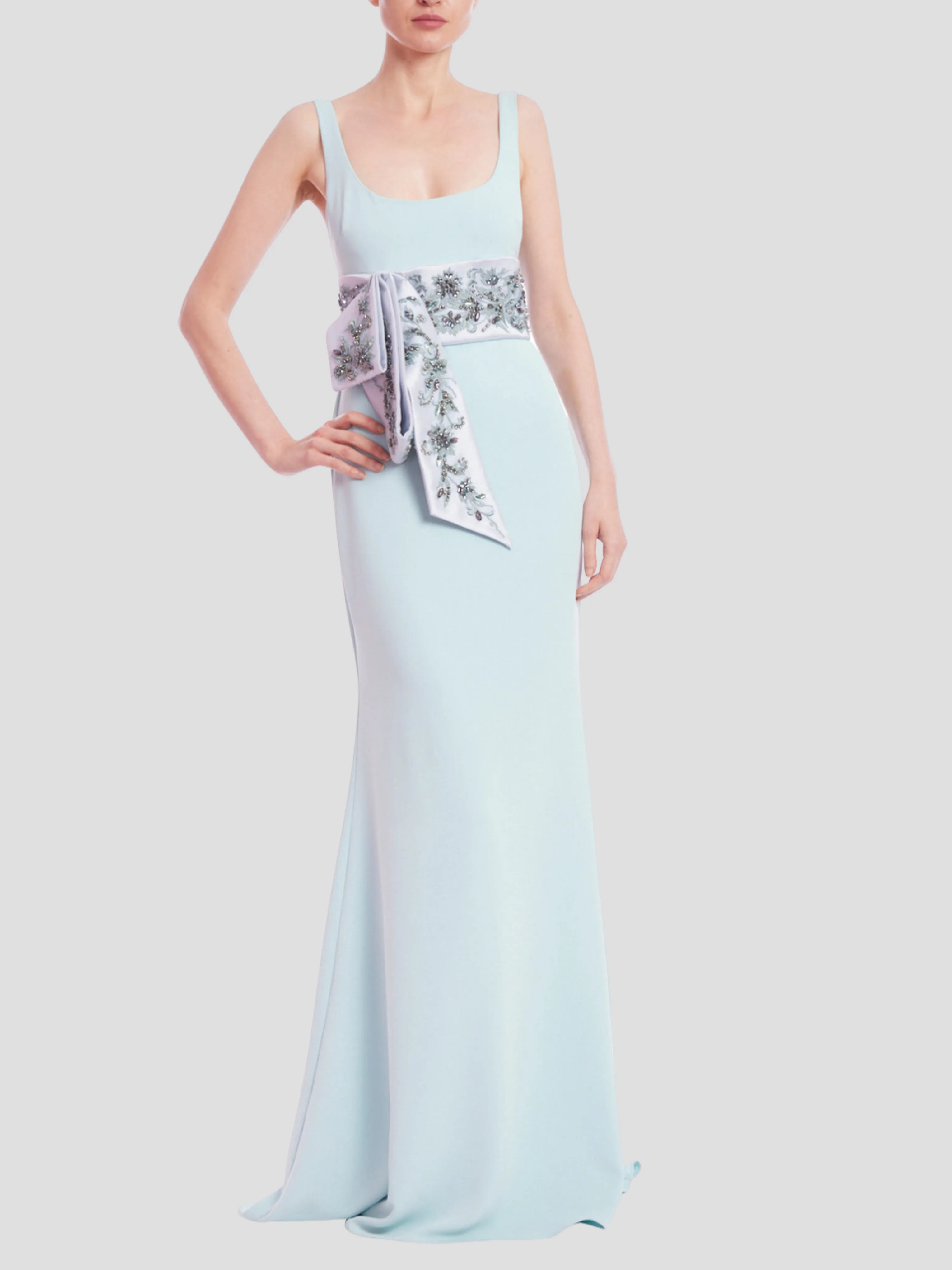 Scoop Neck Column Gown with Embellished Sash