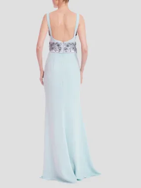 Scoop Neck Column Gown with Embellished Sash