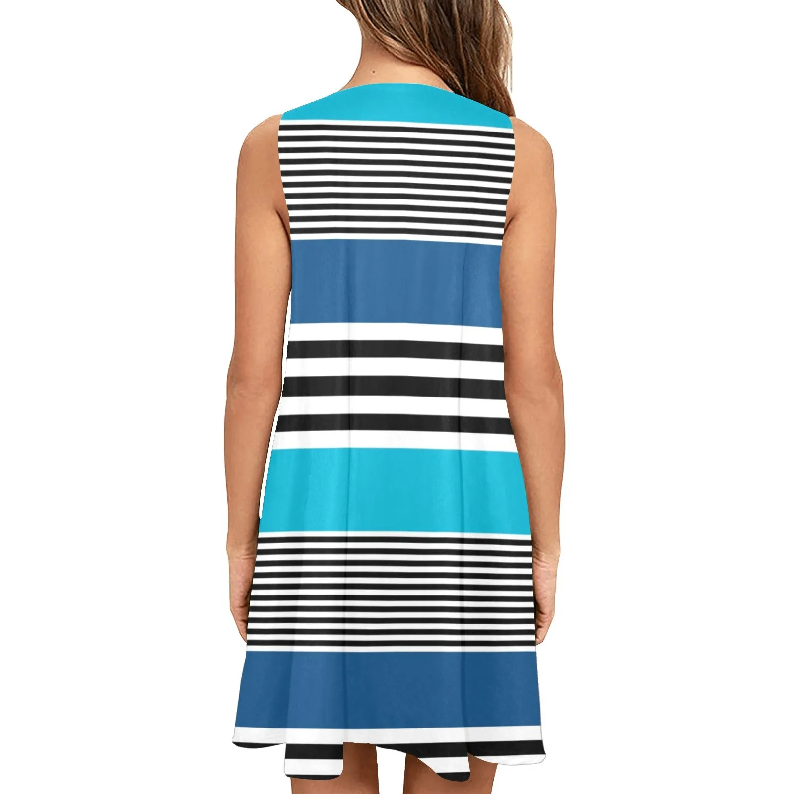 shades of blue bw stripe Sleeveless A-Line Pocket Dress (Model D57)