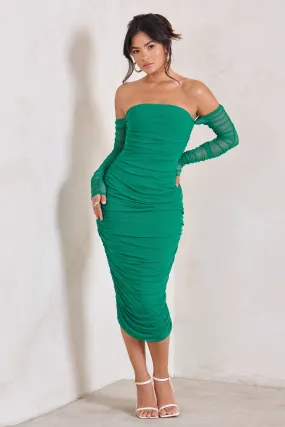 Sorella | Green Ruched Mesh Bardot Midi Dress