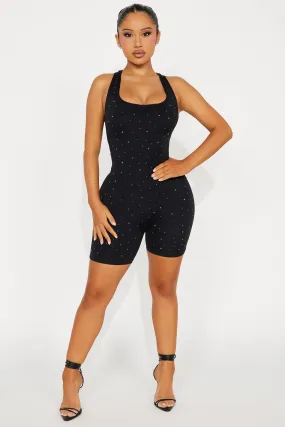 Star Quality Embellished Seamless Romper - Black