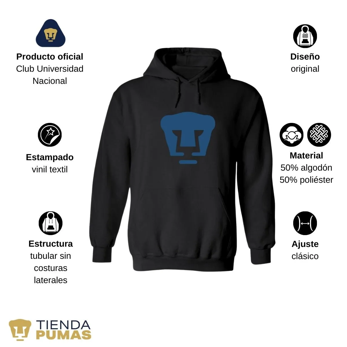 Sudadera Hombre Hoodie Pumas UNAM Logo Azul Vinil