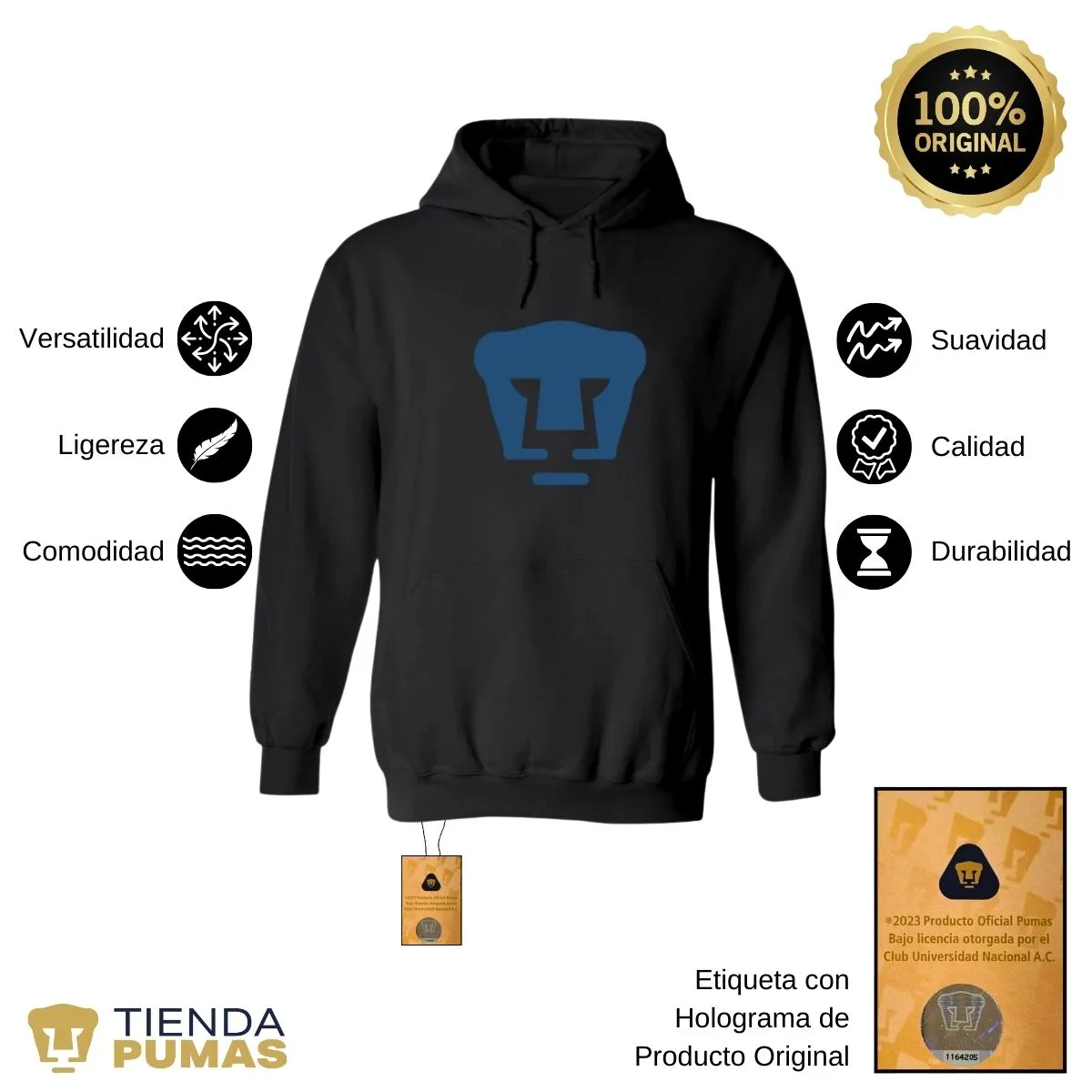 Sudadera Hombre Hoodie Pumas UNAM Logo Azul Vinil