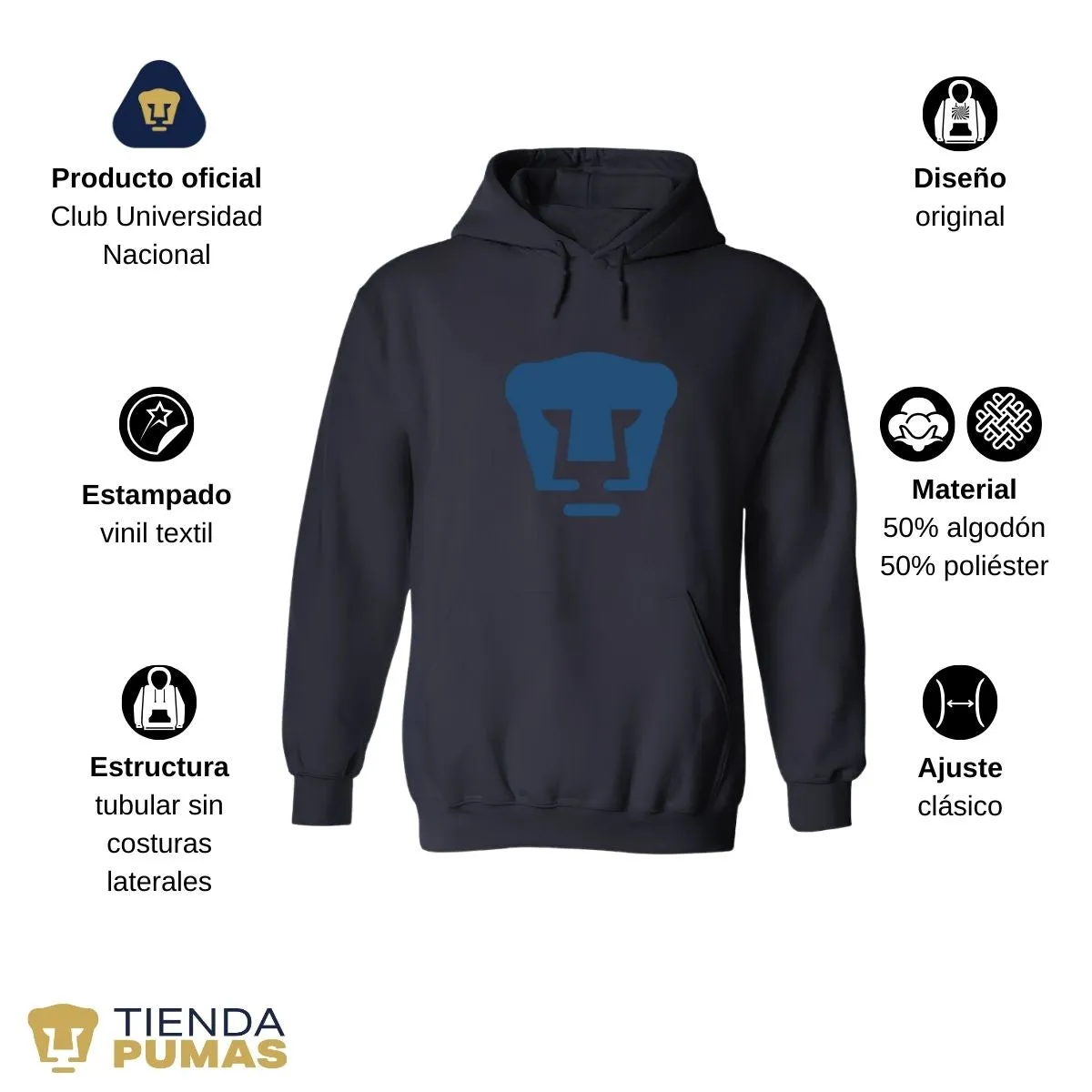 Sudadera Hombre Hoodie Pumas UNAM Logo Azul Vinil