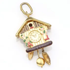 Vintage 10K Yellow Gold Enamel Cuckoo Clock Movable Charm Pendant