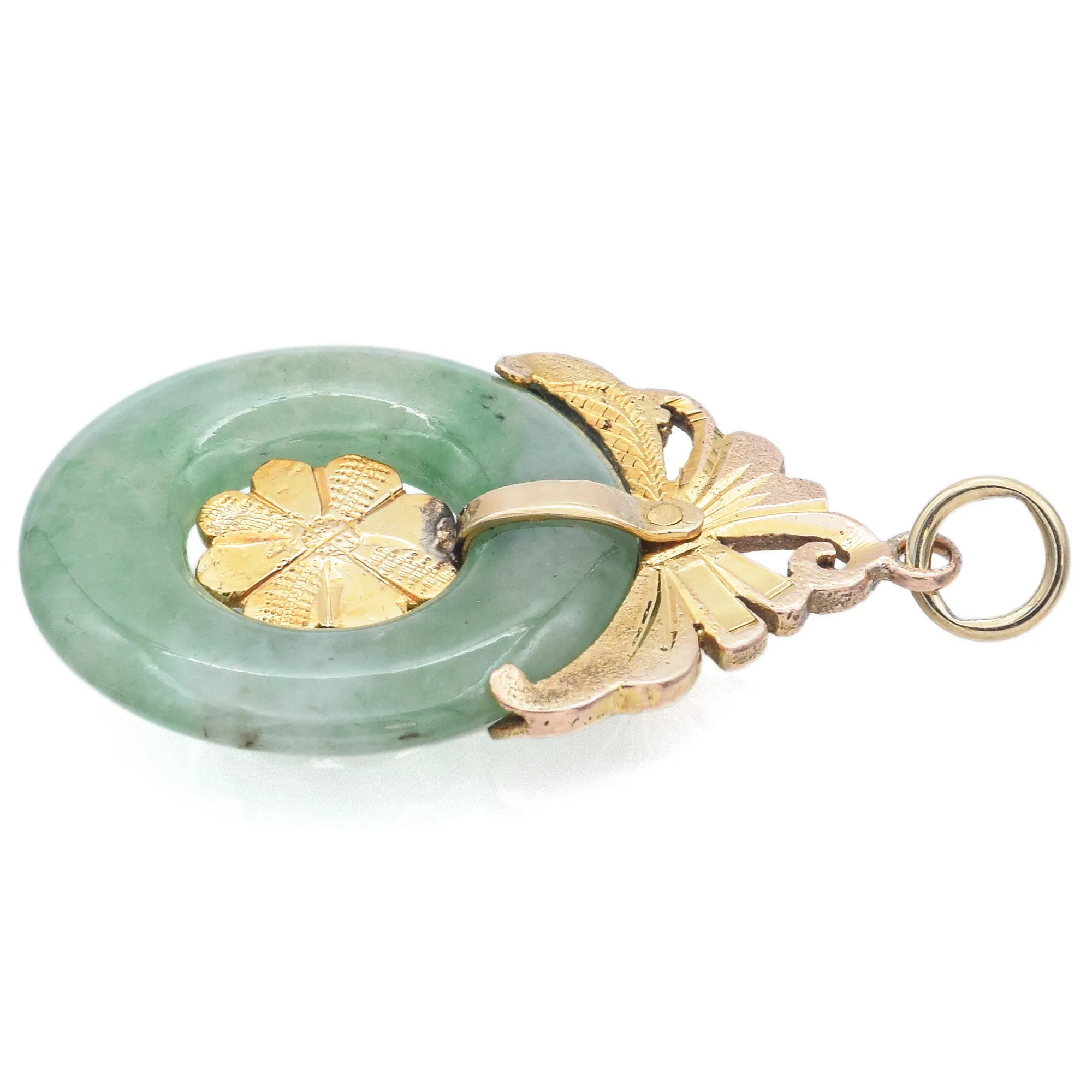 Vintage 10K Yellow Gold Green Jade Round Donut Disc Pendant