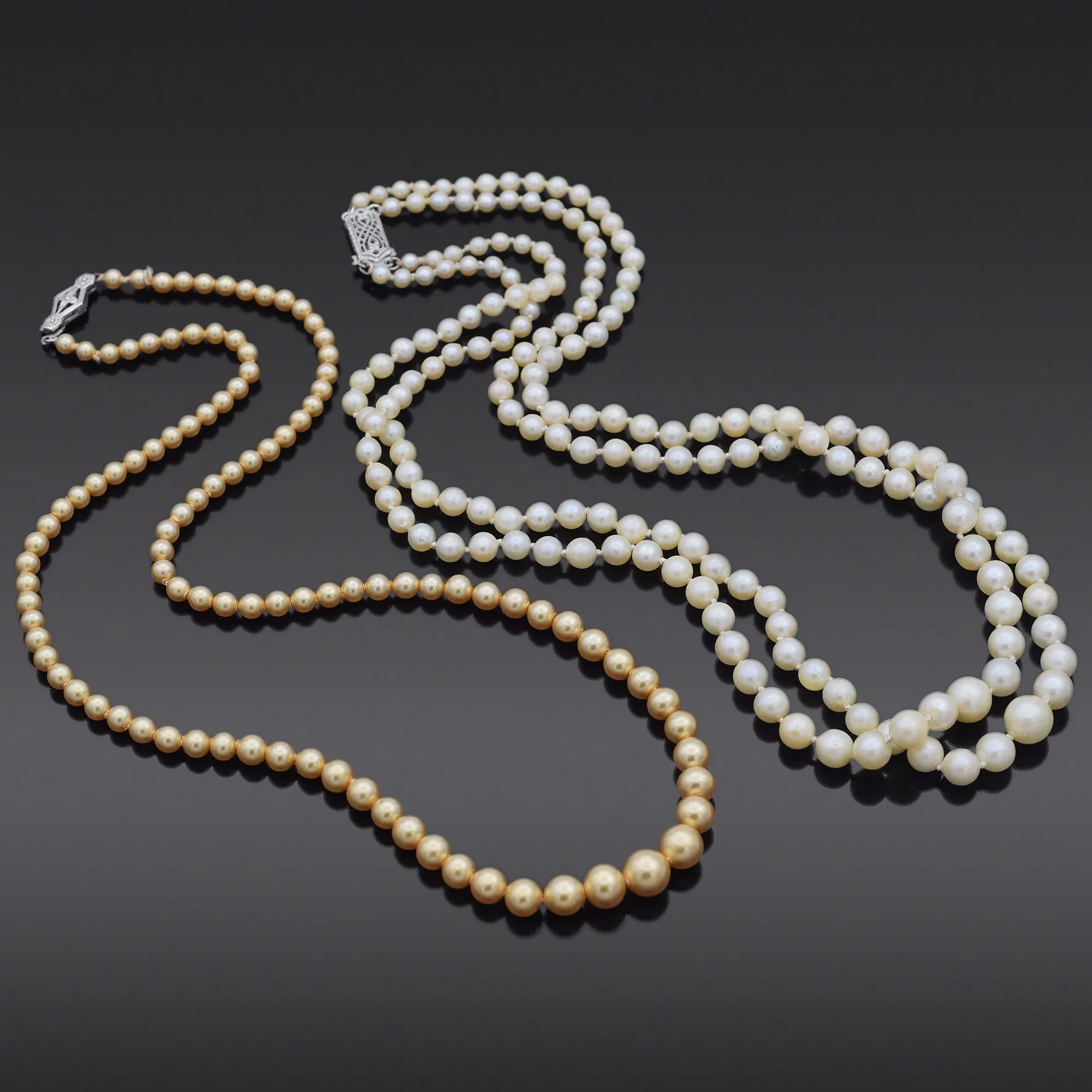 Vintage 14K Gold White Pearl & 10K Gold Golden Imitation Pearl Beaded Necklaces