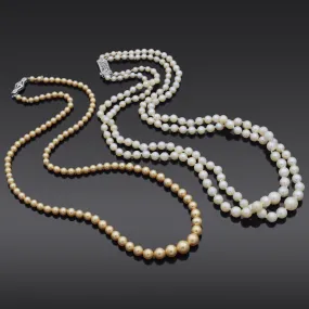 Vintage 14K Gold White Pearl & 10K Gold Golden Imitation Pearl Beaded Necklaces