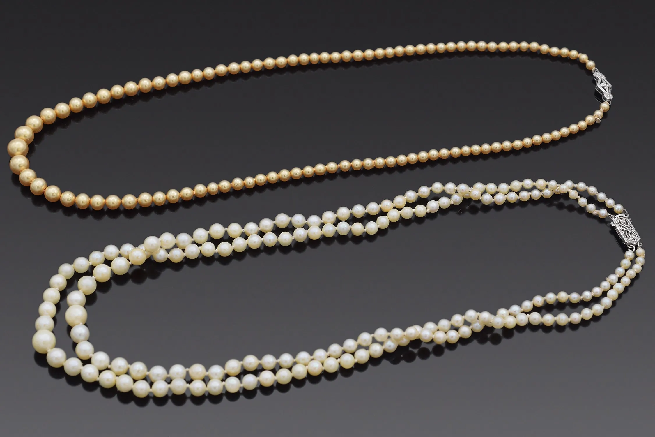 Vintage 14K Gold White Pearl & 10K Gold Golden Imitation Pearl Beaded Necklaces