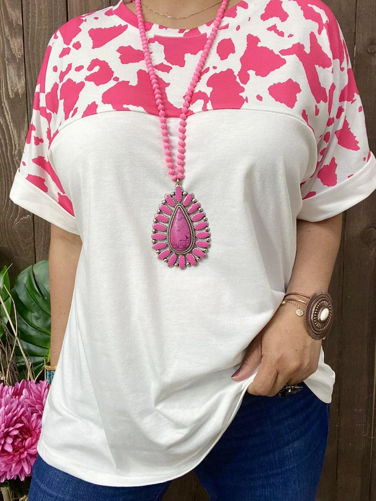 White Top with pink cow print short sleeves