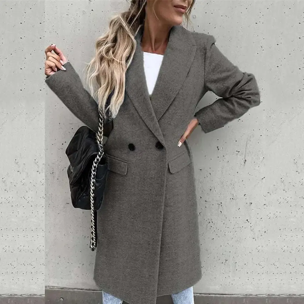 Women's Elegant Long Blazer Coat – Versatile Long Sleeve Button Placket Winter Overcoat with Suit Collar, All-Match Trench Coat