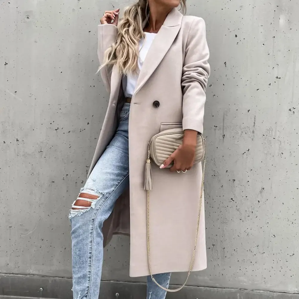 Women's Elegant Long Blazer Coat – Versatile Long Sleeve Button Placket Winter Overcoat with Suit Collar, All-Match Trench Coat