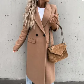 Women's Elegant Long Blazer Coat – Versatile Long Sleeve Button Placket Winter Overcoat with Suit Collar, All-Match Trench Coat