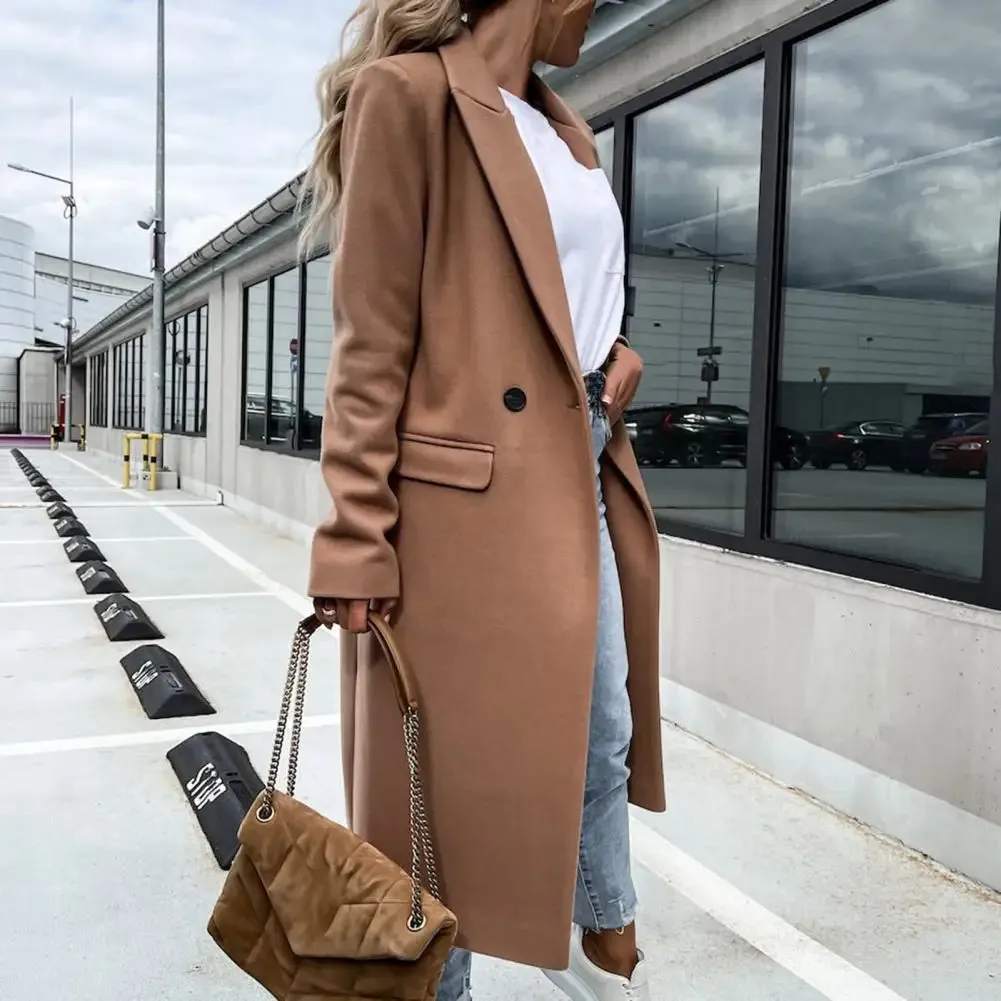 Women's Elegant Long Blazer Coat – Versatile Long Sleeve Button Placket Winter Overcoat with Suit Collar, All-Match Trench Coat