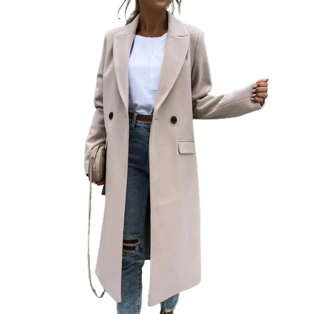 Women's Elegant Long Blazer Coat – Versatile Long Sleeve Button Placket Winter Overcoat with Suit Collar, All-Match Trench Coat