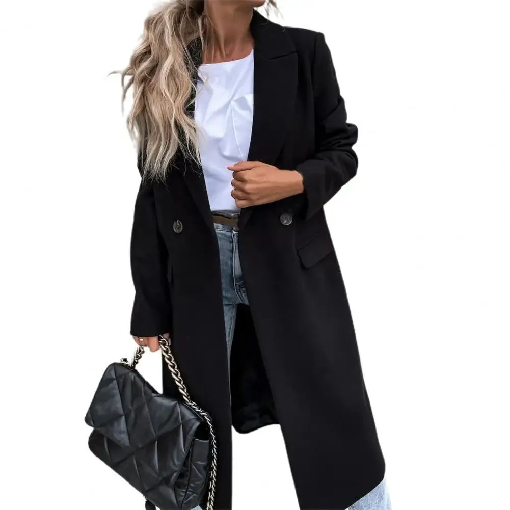 Women's Elegant Long Blazer Coat – Versatile Long Sleeve Button Placket Winter Overcoat with Suit Collar, All-Match Trench Coat